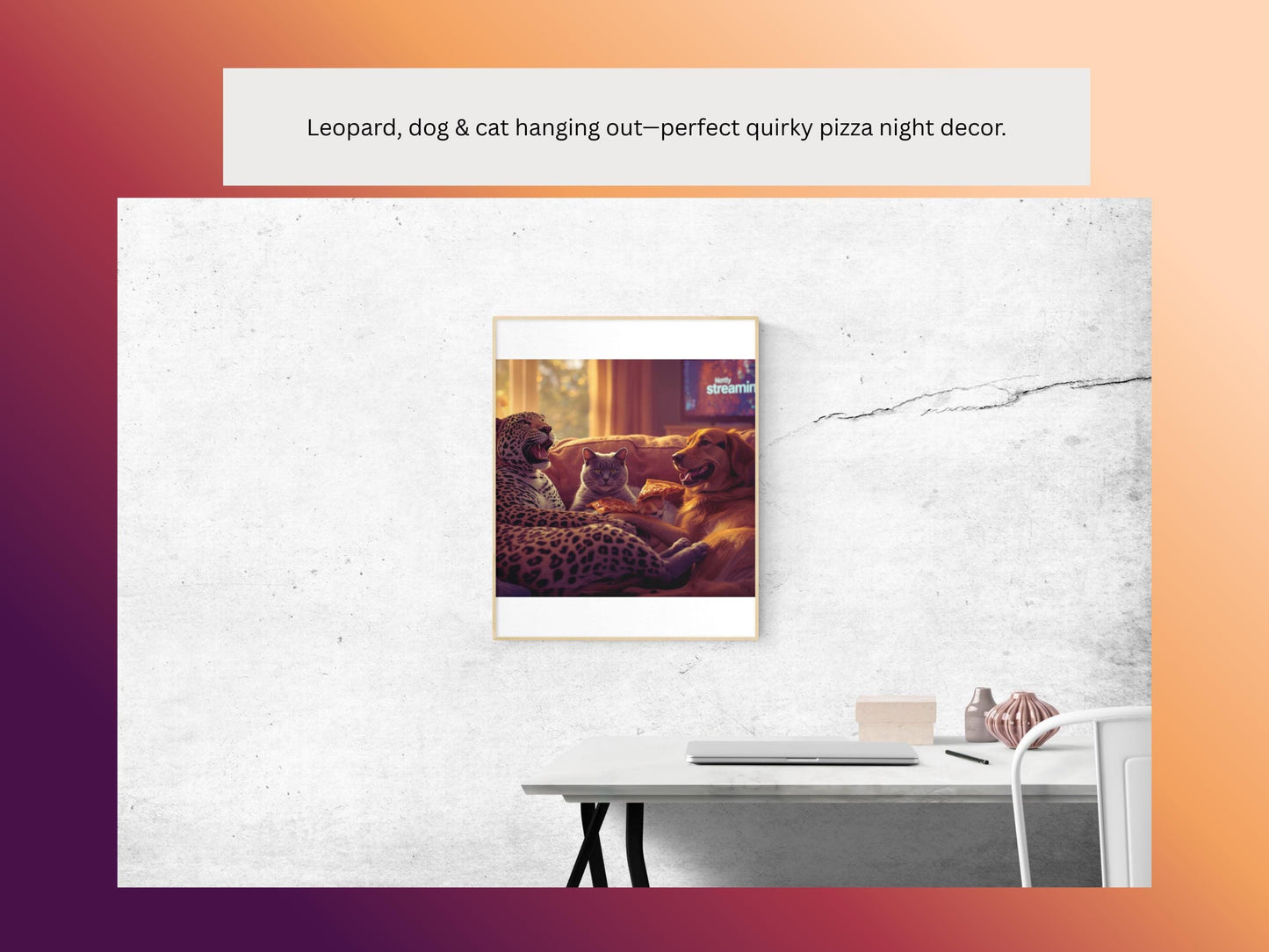 Leopard, Dog & Cat Pizza Night Print: Funny Animal Wall Art (Digital Download)