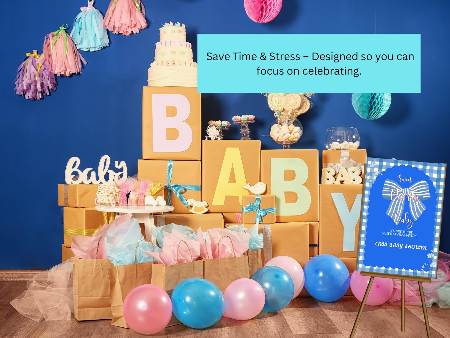 Blue Gingham Floral Baby Shower Welcome Sign (Customizable Canva Template)