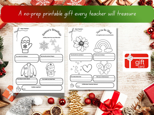 Printable Teacher Holiday Coloring Cards | Kids Thank You Gift (PDF)