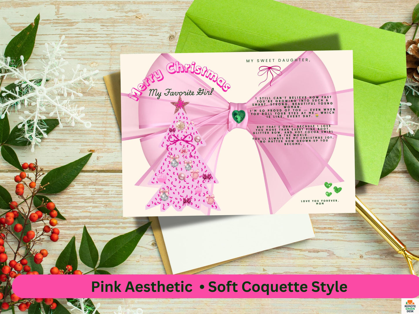 Pink Coquette Christmas Card for Daughter (5x7 Printable)