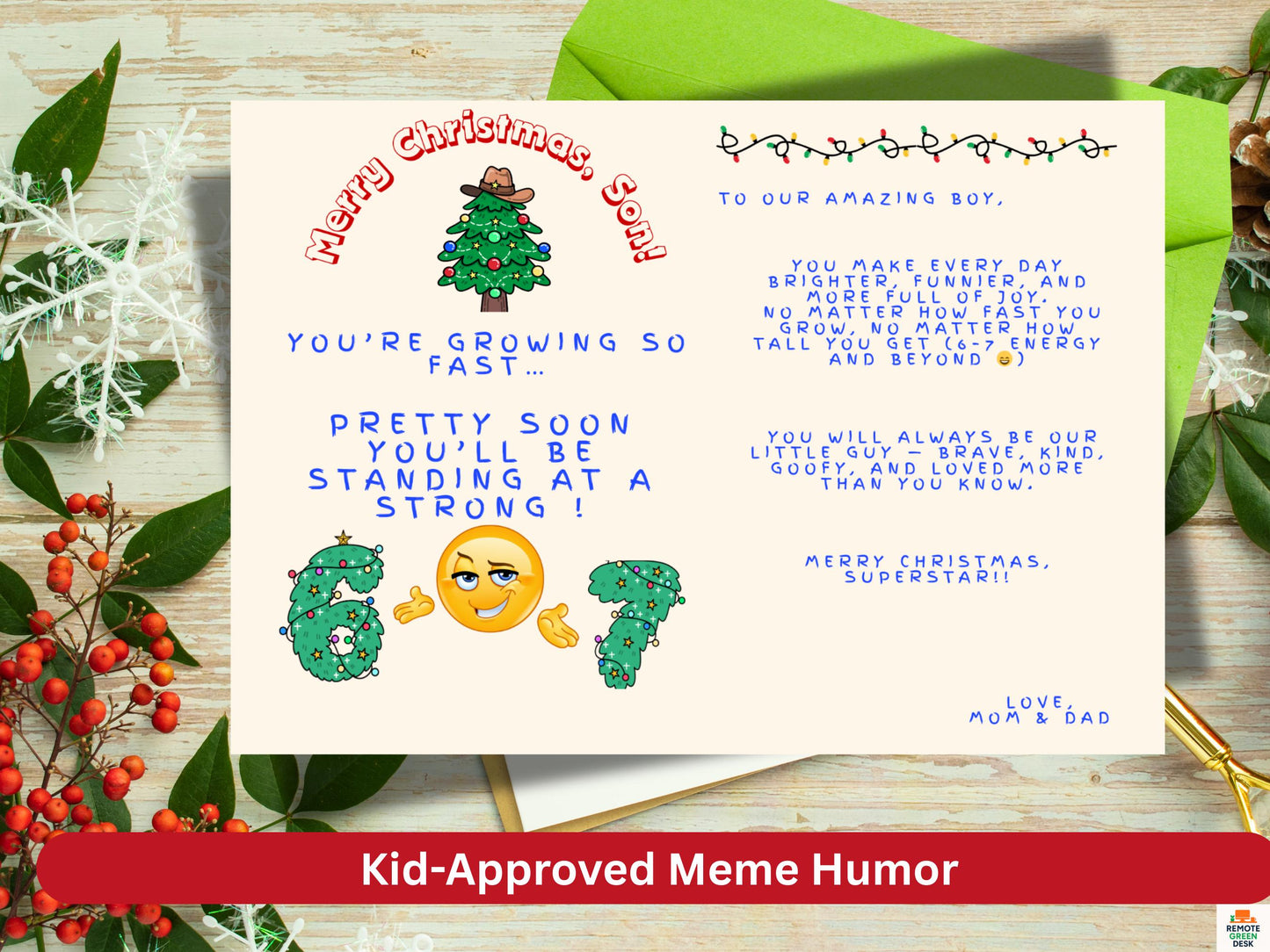 Funny 6-7 Meme Christmas Card for Son, Cowboy Tree (PDF, PNG)