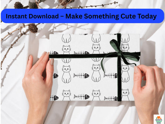 Black White Cat Fish Bone Seamless Digital Paper 12x12 Cat Pattern for Cricut Crafts