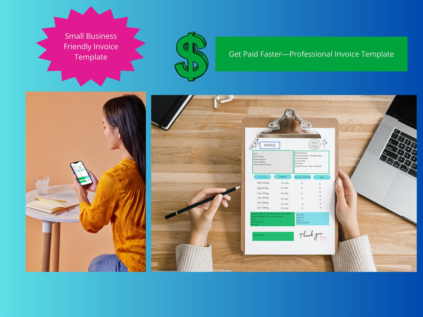 Instant Download Invoice | Editable Invoice Template for Freelancers, Small Businesses & Side Hustlers