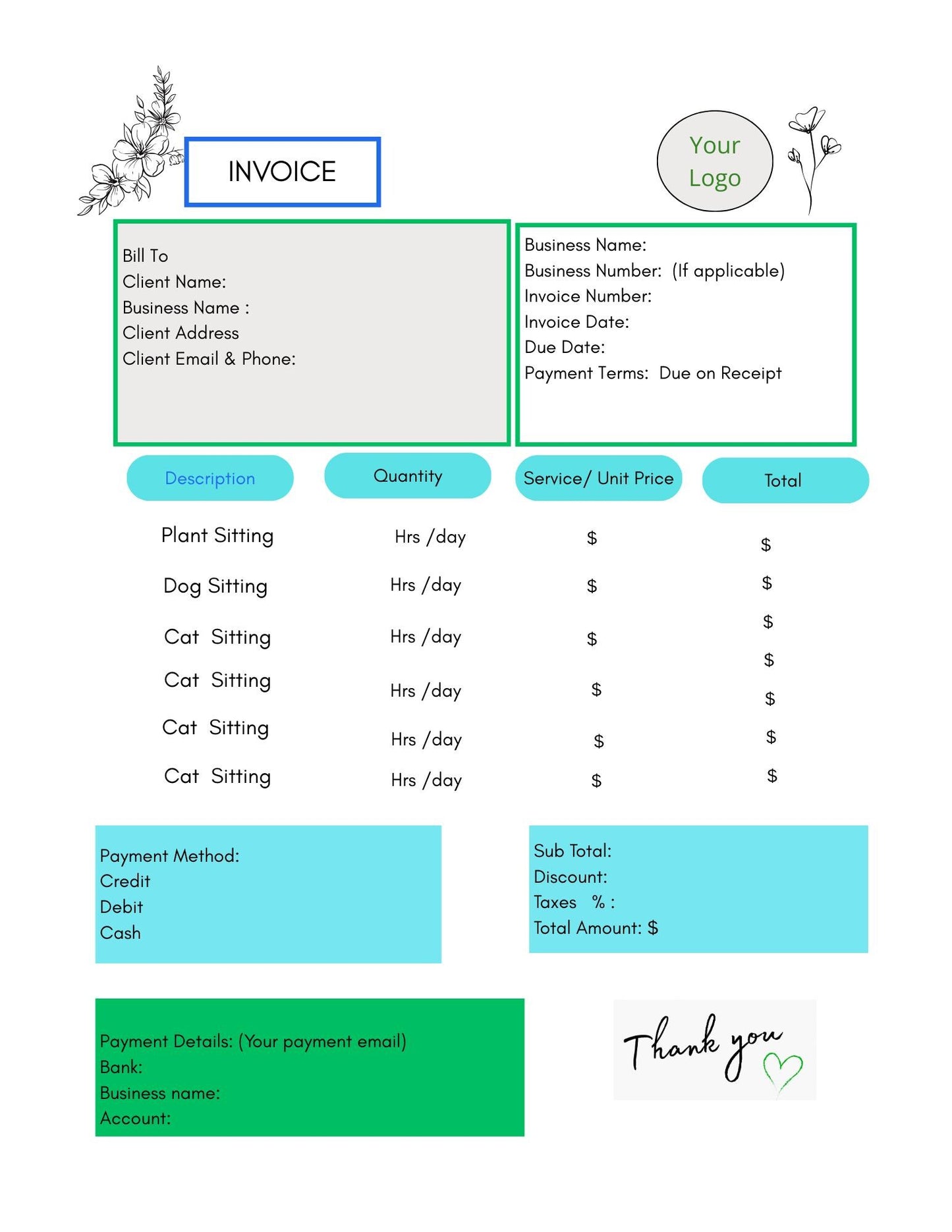 Instant Download Invoice | Editable Invoice Template for Freelancers, Small Businesses & Side Hustlers