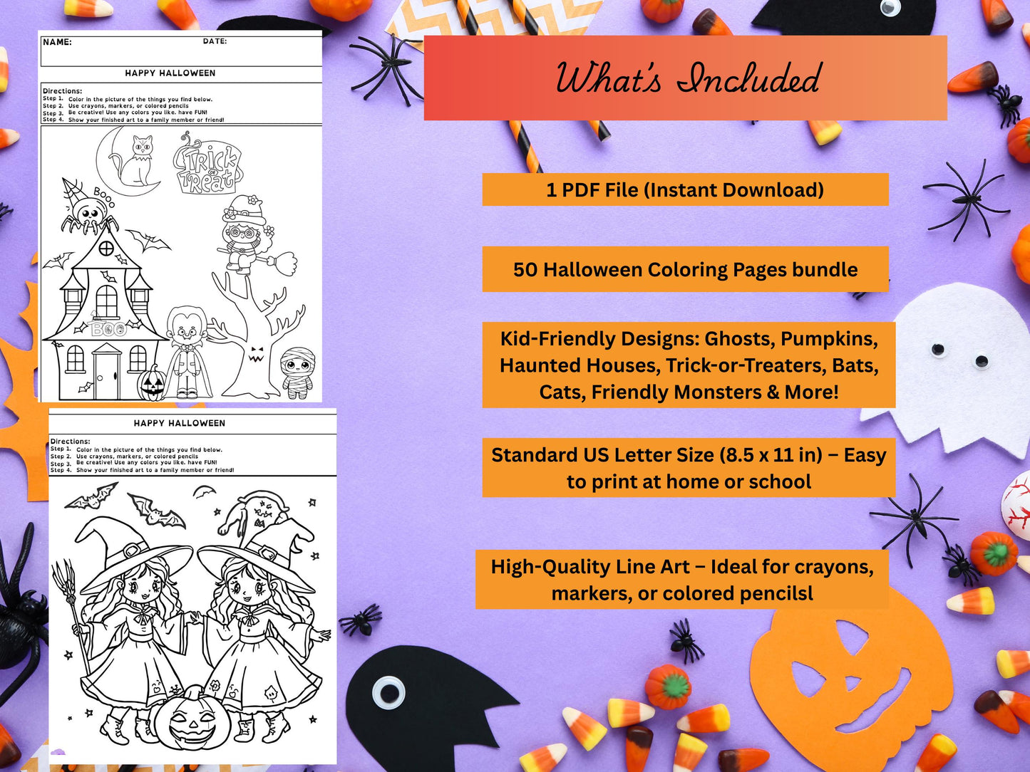 50 Halloween Coloring Pages for Kids: Ghosts, Pumpkins, Monsters (PDF)