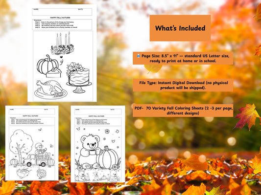 70 Days of  Fall Coloring Pages: K- 2 Fall Autumn Art Activities (PDF)