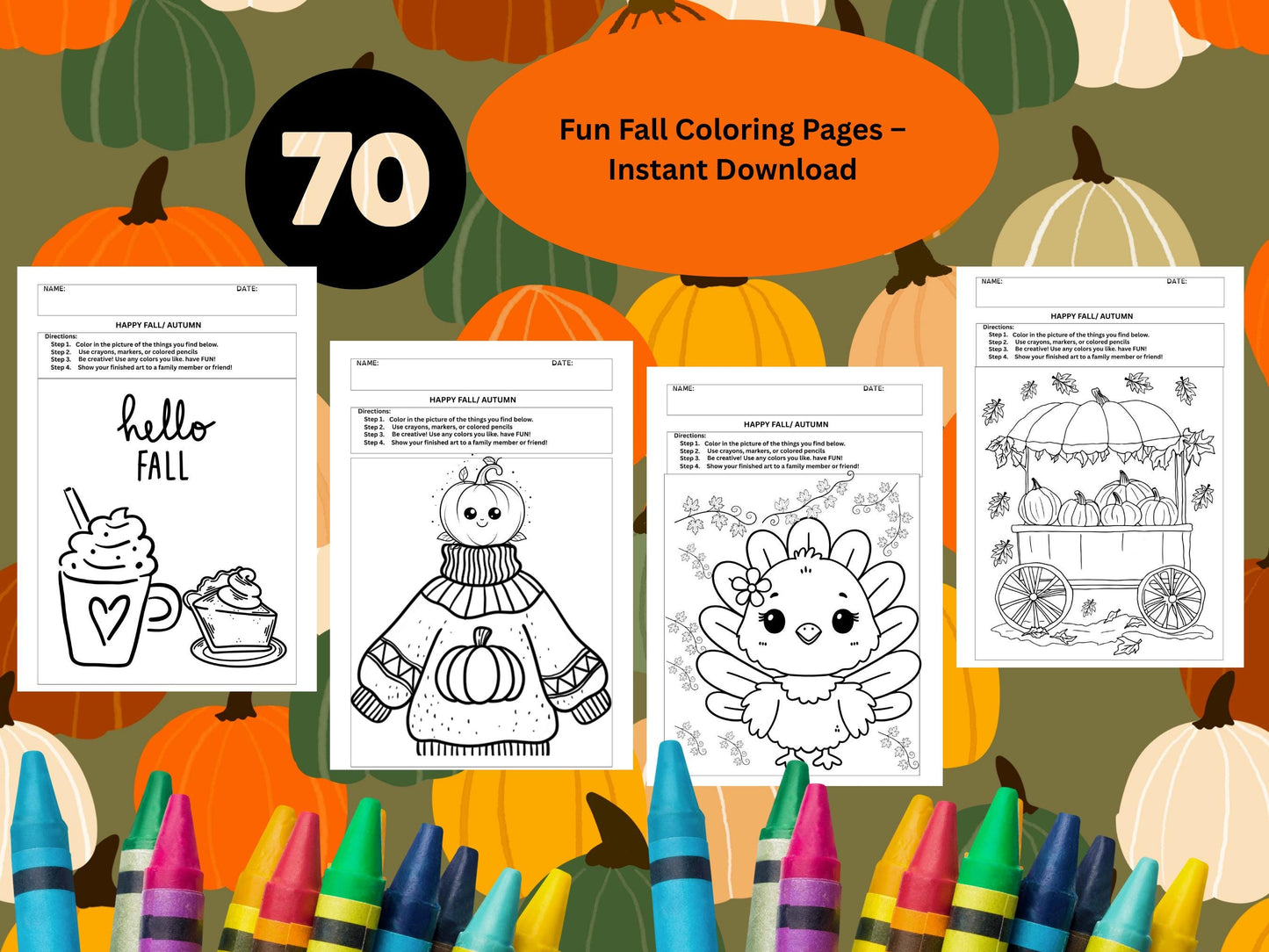 70 Days of  Fall Coloring Pages: K- 2 Fall Autumn Art Activities (PDF)