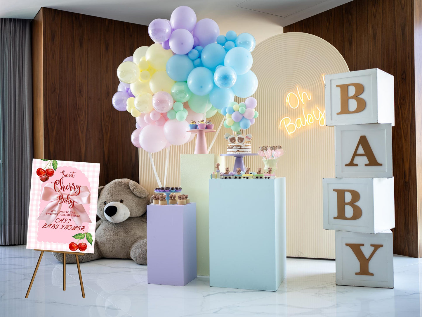 Cherry Baby Shower Welcome Sign, Pink  Bow Gingham Customizable Poster