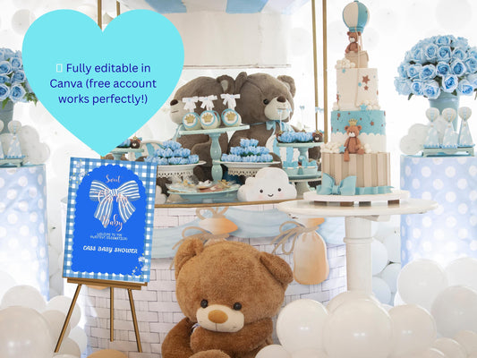 Blue Gingham Floral Baby Shower Welcome Sign (Customizable Canva Template)
