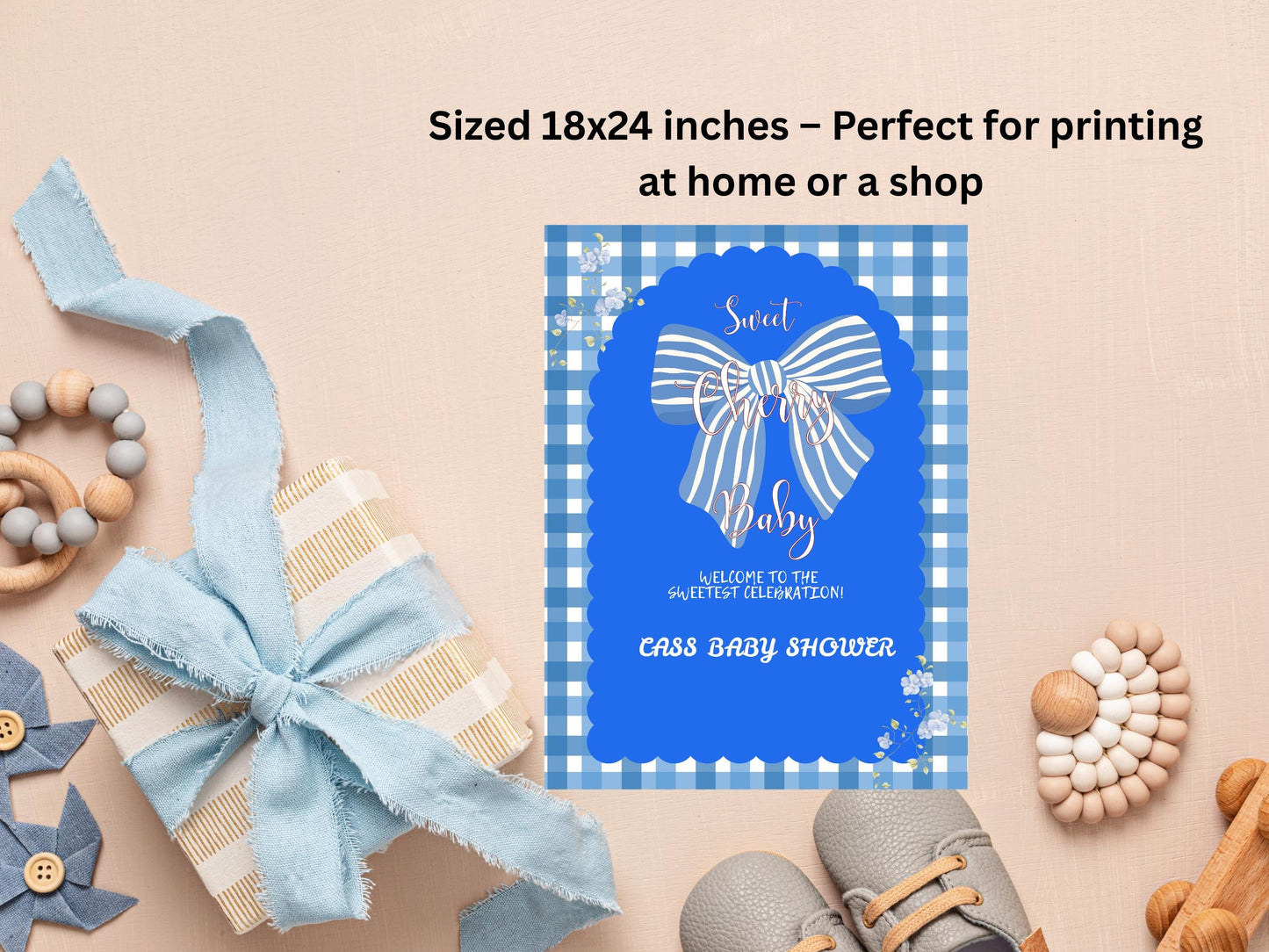 Blue Gingham Floral Baby Shower Welcome Sign (Customizable Canva Template)