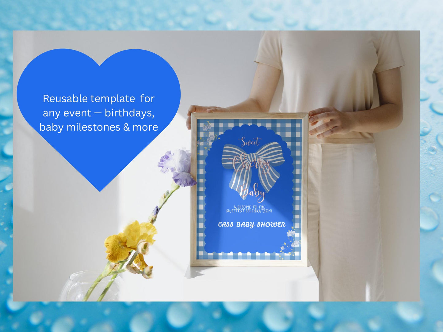 Blue Gingham Floral Baby Shower Welcome Sign (Customizable Canva Template)