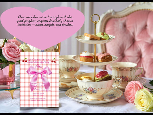 Pink Gingham Coquette Bow Baby Shower Invitation (5x7 Editable Template)