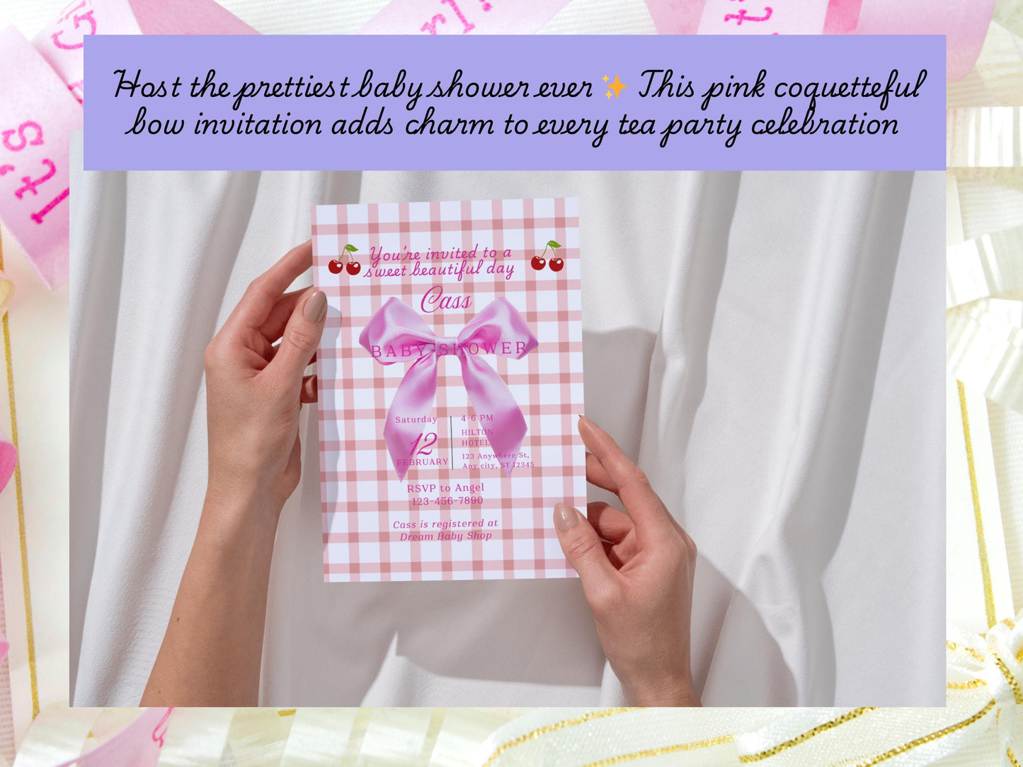 Pink Gingham Coquette Bow Baby Shower Invitation (5x7 Editable Template)