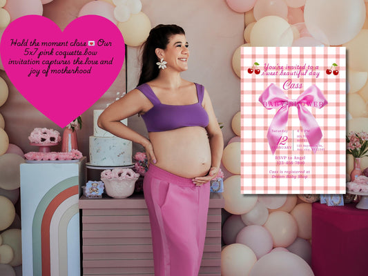 Pink Gingham Coquette Bow Baby Shower Invitation (5x7 Editable Template)