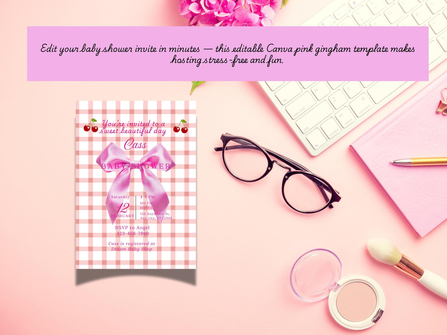 Pink Gingham Coquette Bow Baby Shower Invitation (5x7 Editable Template)