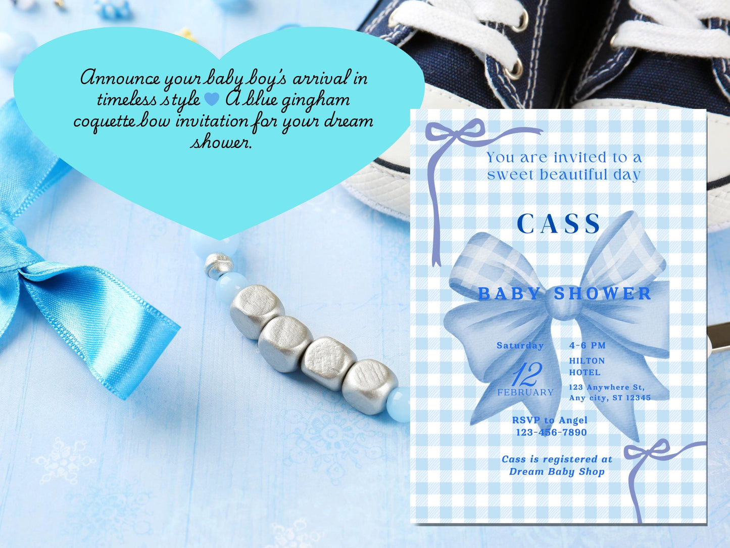 Blue Gingham Bow Baby Shower Invitation: Editable 5x7 Template