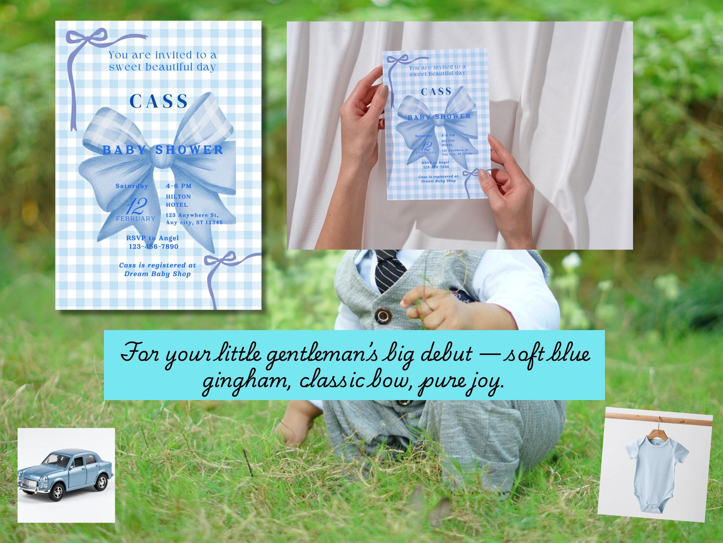 Blue Gingham Bow Baby Shower Invitation: Editable 5x7 Template