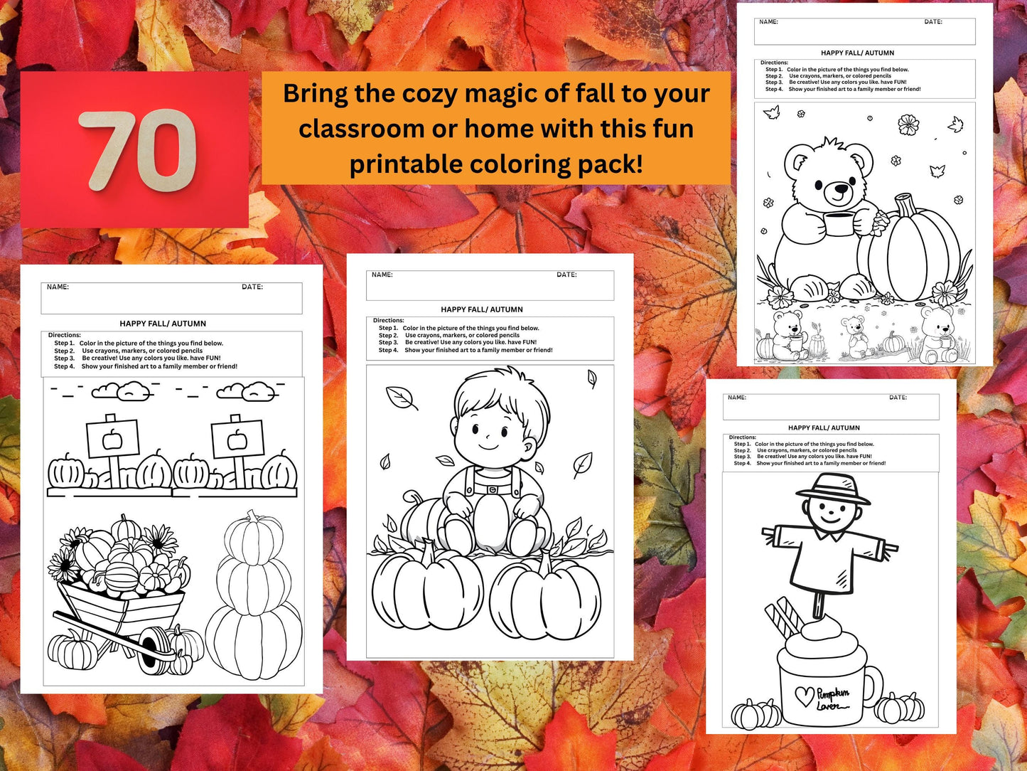 70 Days of  Fall Coloring Pages: K- 2 Fall Autumn Art Activities (PDF)