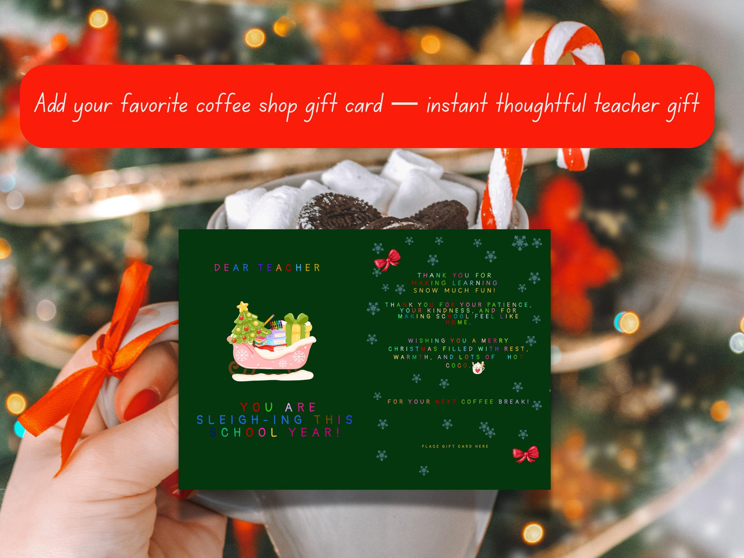 Funny Teacher Christmas Card: Sleighing Pun, K-2 Gift (PDF PNG)