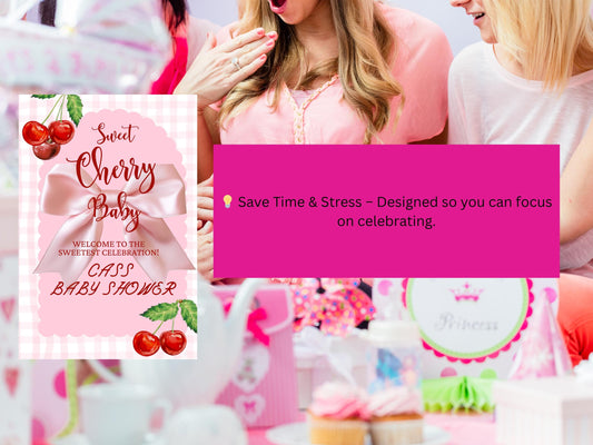 Cherry Baby Shower Welcome Sign, Pink  Bow Gingham Customizable Poster
