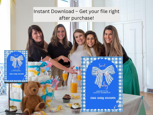 Blue Gingham Floral Baby Shower Welcome Sign (Customizable Canva Template)