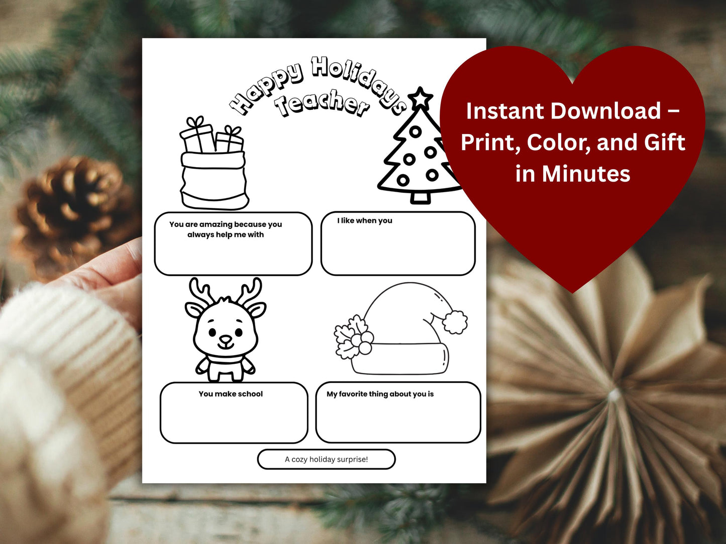 Kids Color & Write Teacher Christmas Card | DIY Printable Gift (PDF)