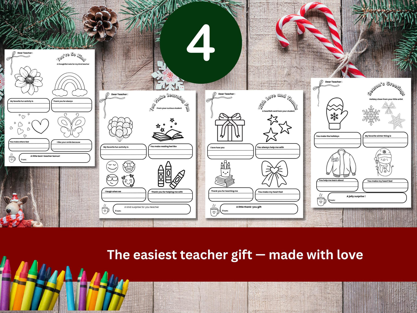 Printable Teacher Holiday Coloring Cards | Kids Thank You Gift (PDF)