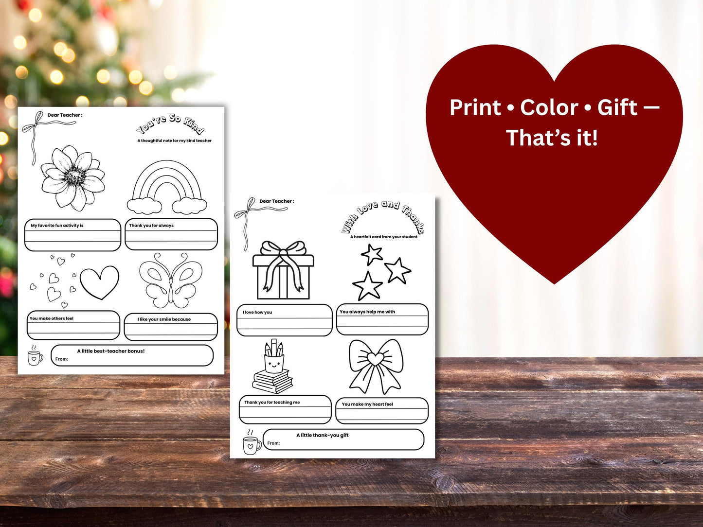 Printable Teacher Holiday Coloring Cards | Kids Thank You Gift (PDF)
