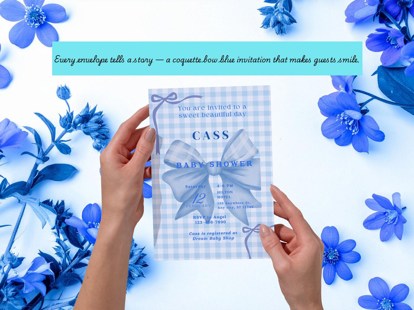 Blue Gingham Bow Baby Shower Invitation: Editable 5x7 Template