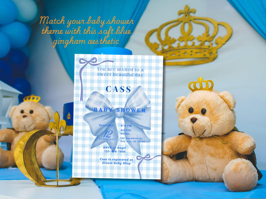 Blue Gingham Bow Baby Shower Invitation: Editable 5x7 Template