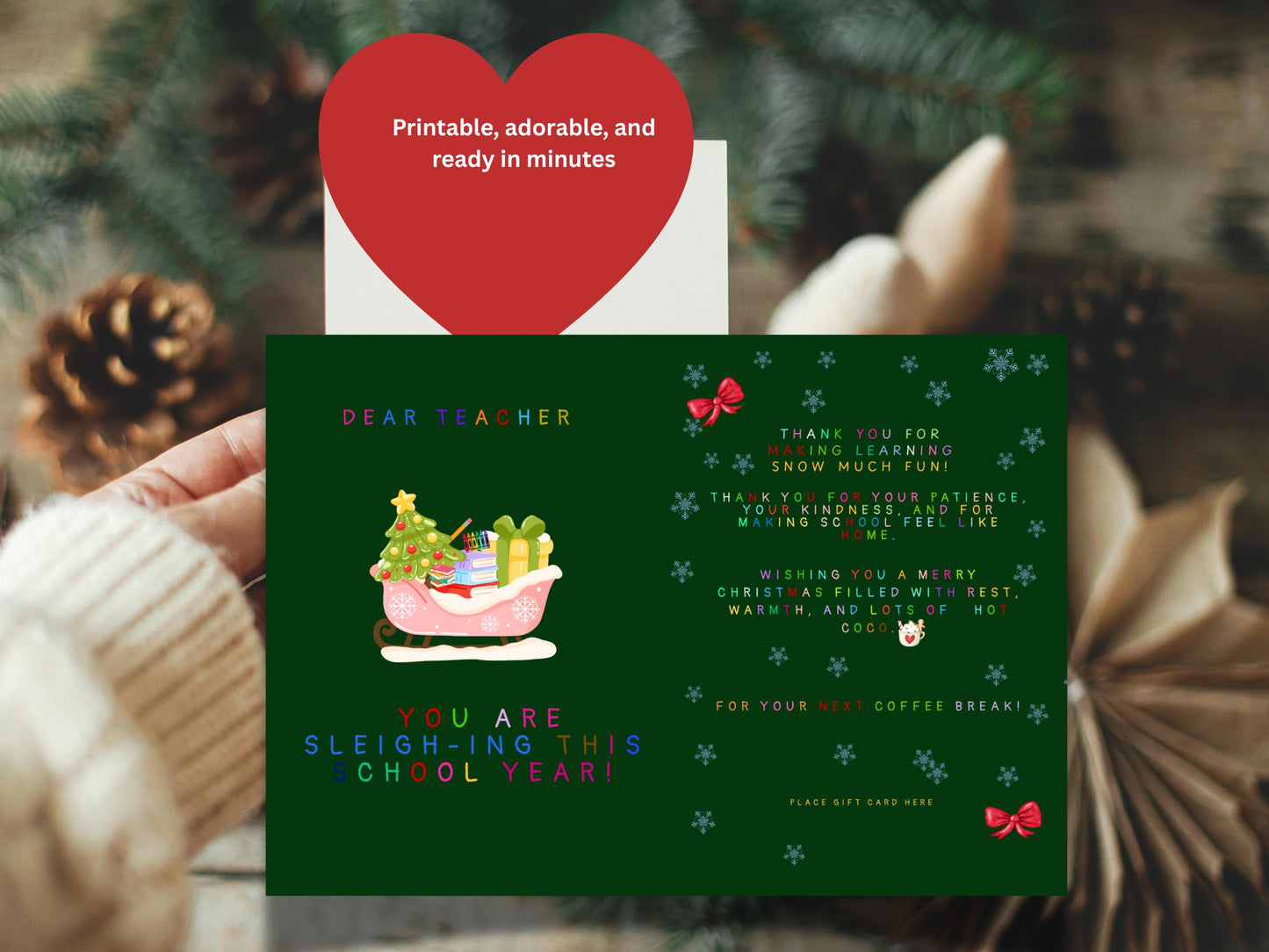 Funny Teacher Christmas Card: Sleighing Pun, K-2 Gift (PDF PNG)