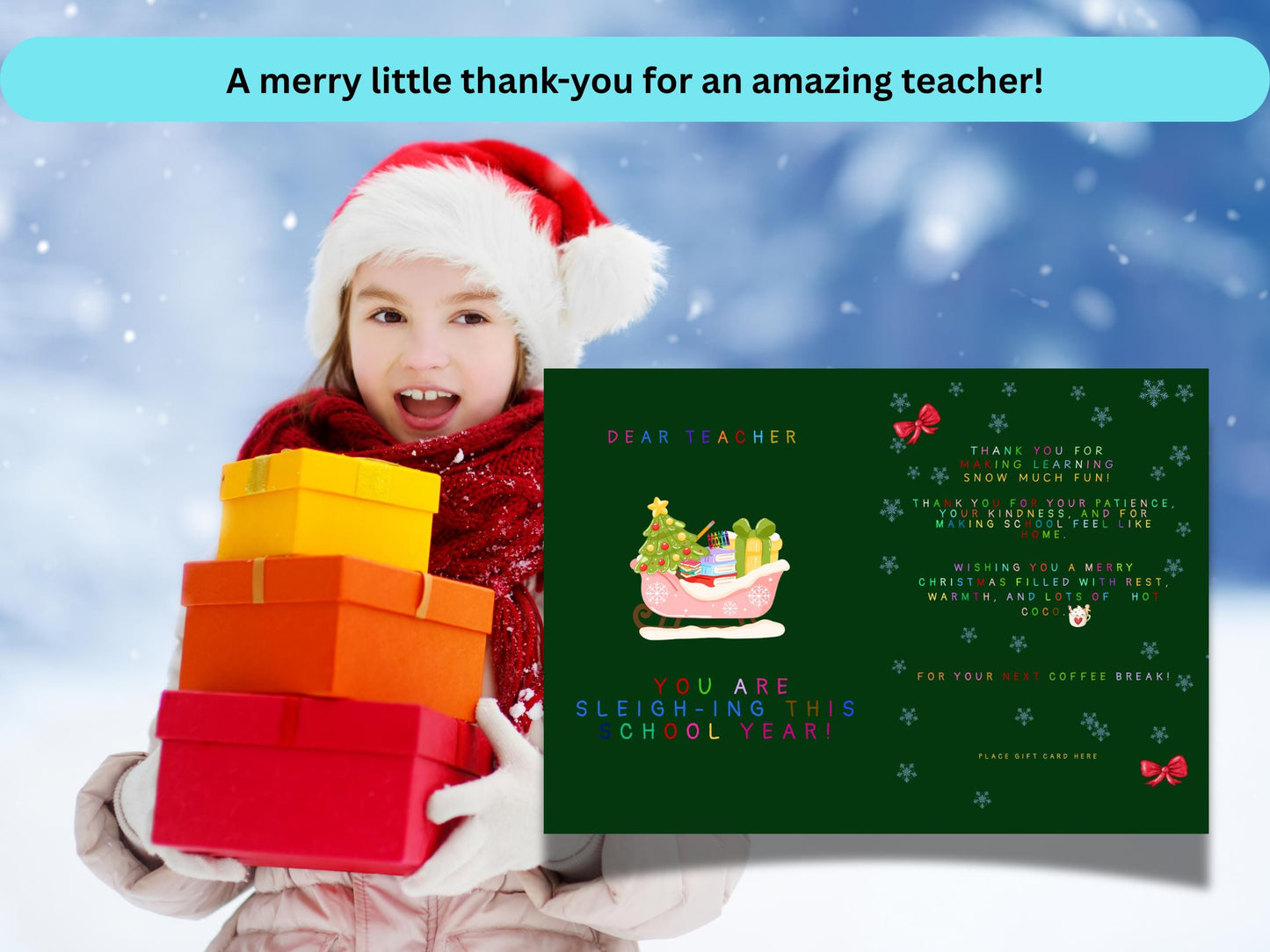 Funny Teacher Christmas Card: Sleighing Pun, K-2 Gift (PDF PNG)