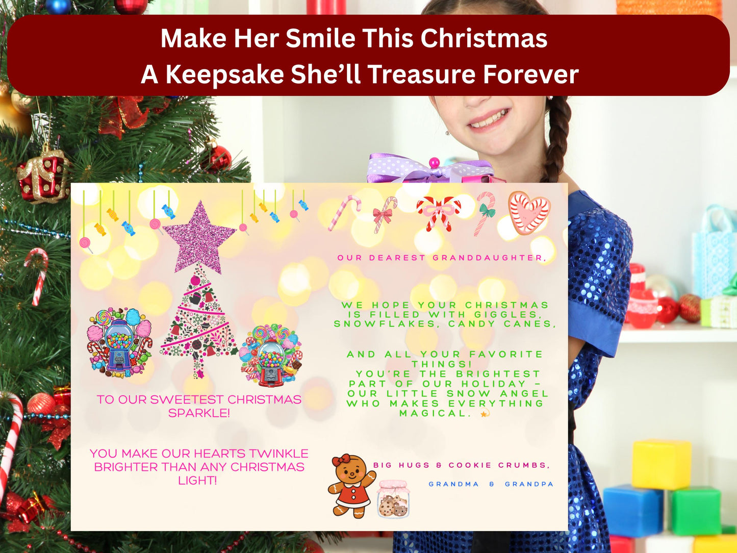 Pink Sparkly Star Christmas Card for Granddaughter | Printable Holiday Greeting | Digital Download | Grandparent Keepsake
