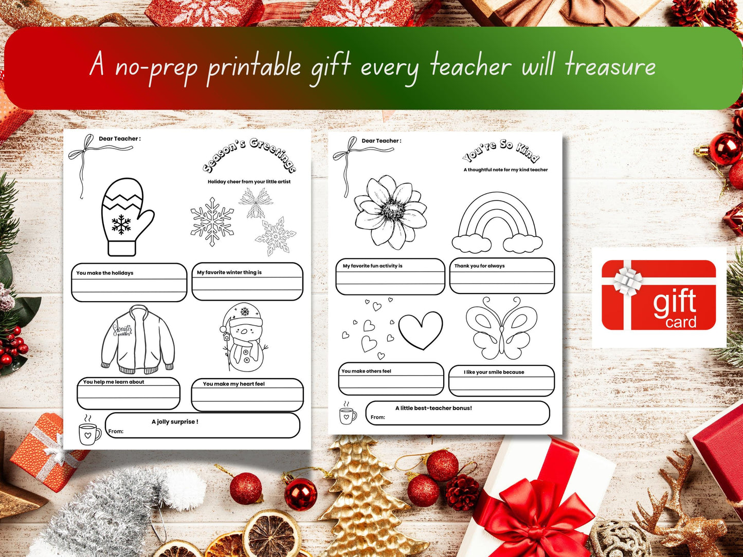 Printable Teacher Holiday Coloring Cards | Kids Thank You Gift (PDF)