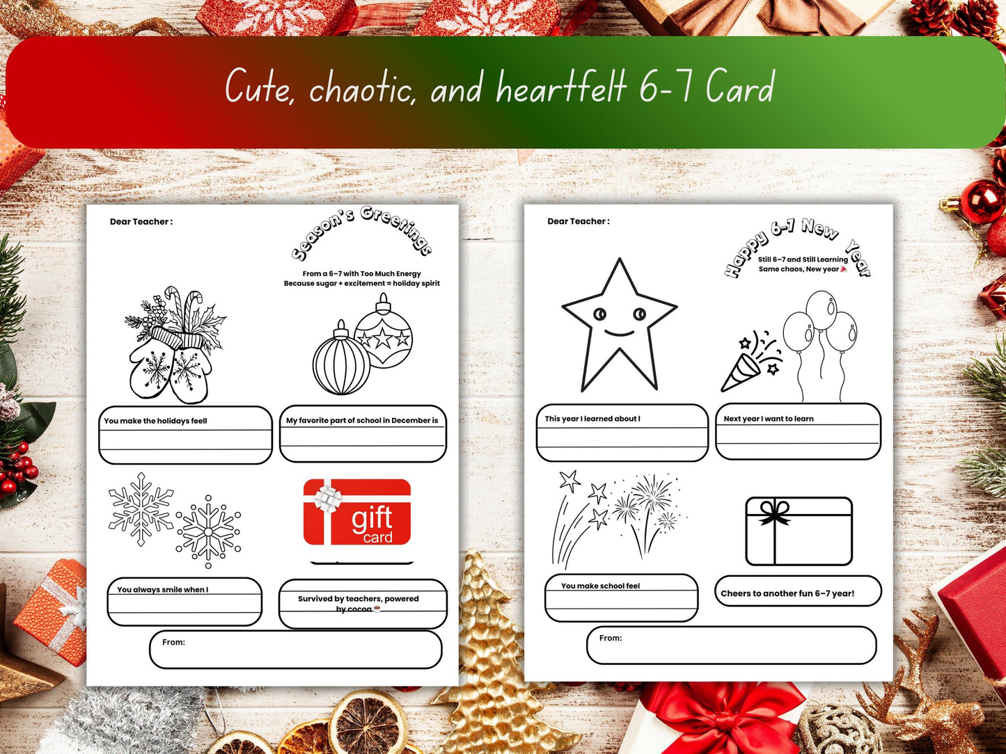 Funny Teacher Christmas Card Printables – Kids Coloring Gift Card Insert (PDF)