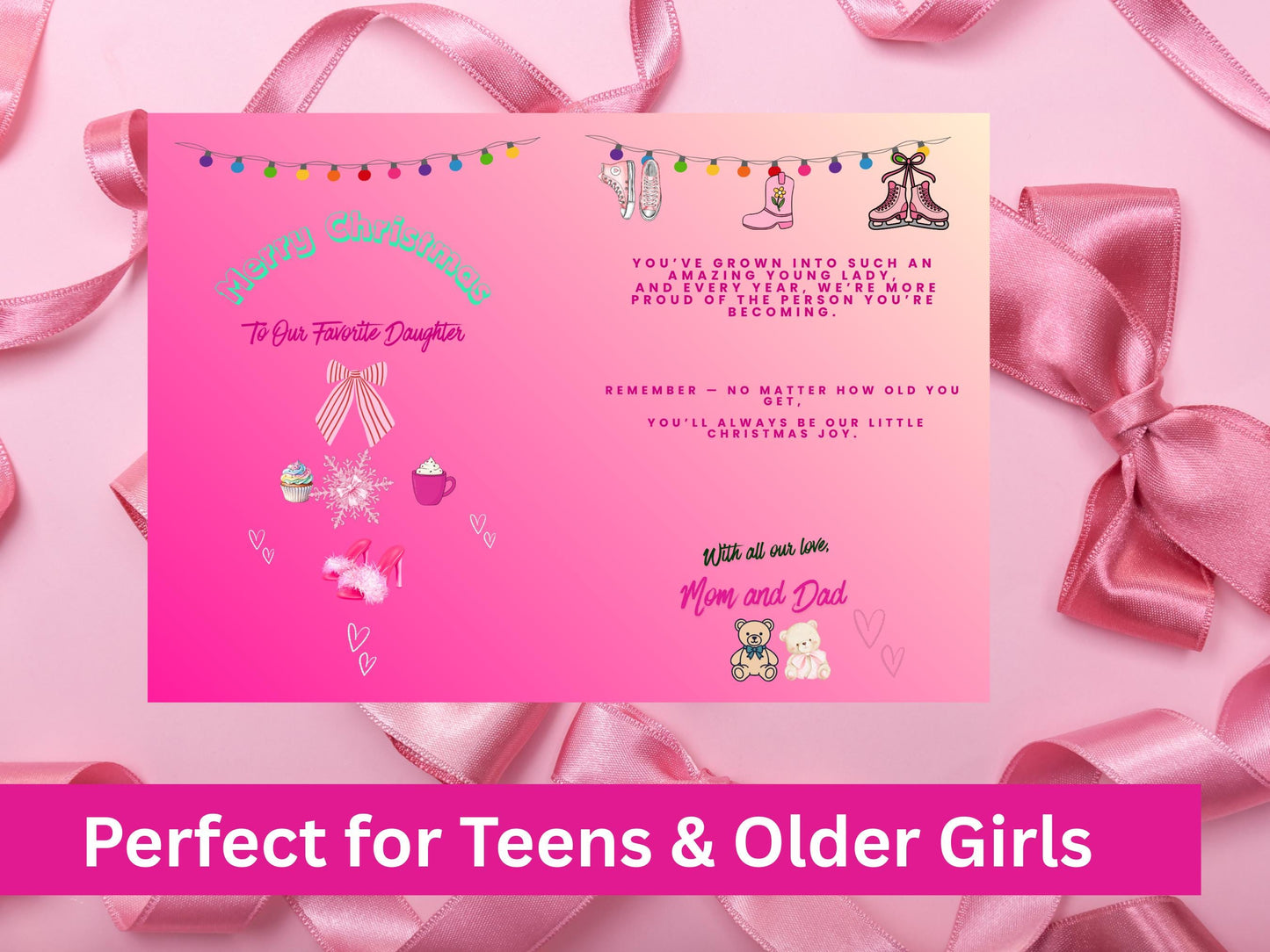 Pink Coquette Holiday Greeting for Daughter | Gift for Older Teens Printable | Digital PDF PNG