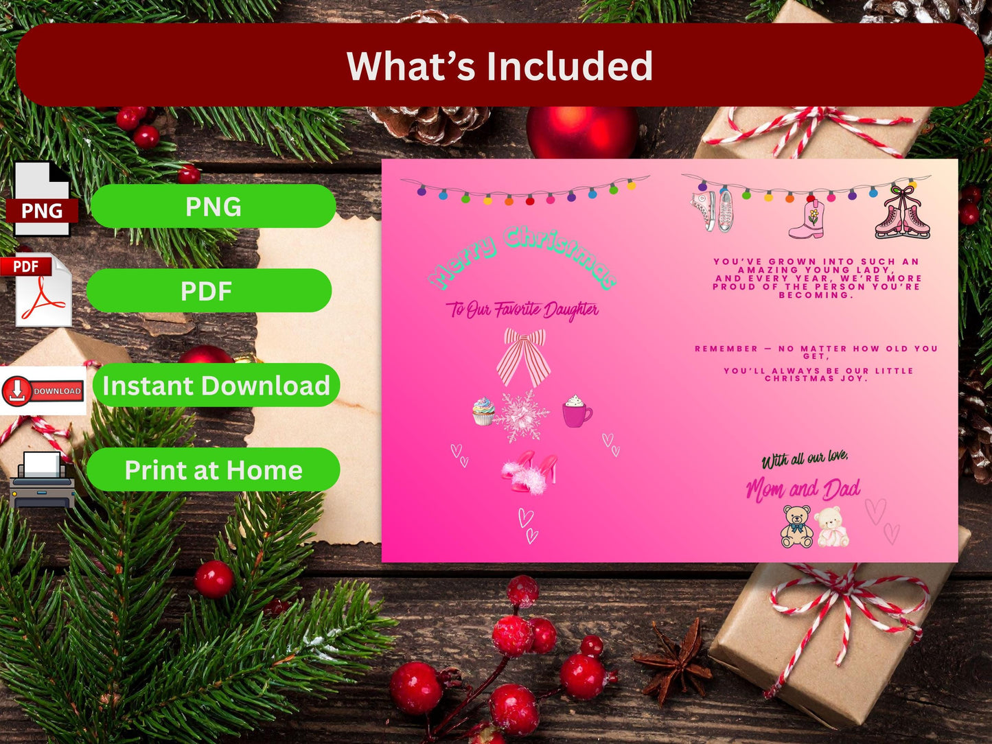 Pink Coquette Holiday Greeting for Daughter | Gift for Older Teens Printable | Digital PDF PNG