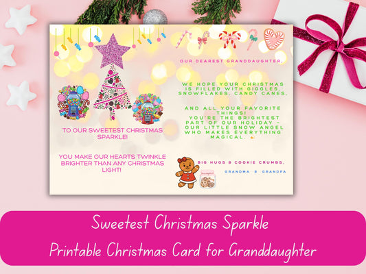 Pink Sparkly Star Christmas Card for Granddaughter | Printable Holiday Greeting | Digital Download | Grandparent Keepsake