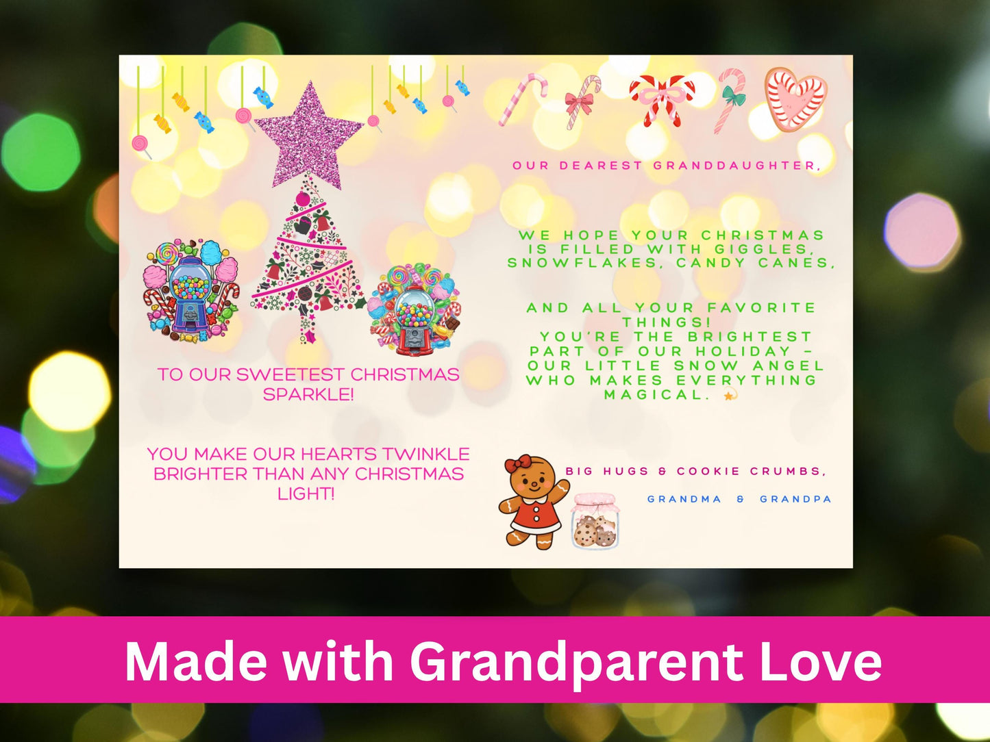 Pink Sparkly Star Christmas Card for Granddaughter | Printable Holiday Greeting | Digital Download | Grandparent Keepsake