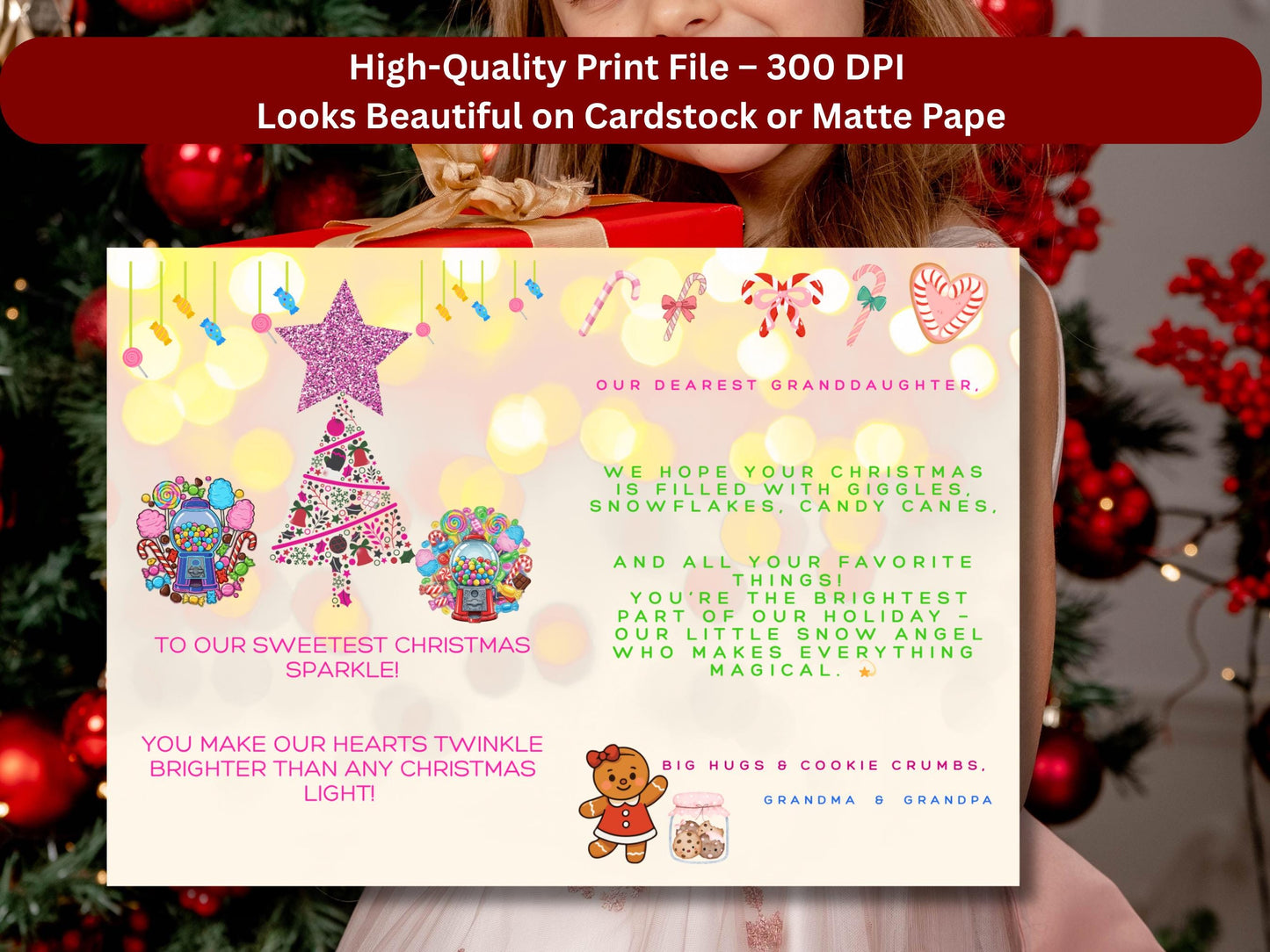 Pink Sparkly Star Christmas Card for Granddaughter | Printable Holiday Greeting | Digital Download | Grandparent Keepsake