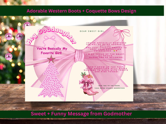 Pink Coquette Goddaughter Christmas Card, Western Boots Theme (PDF, PNG)
