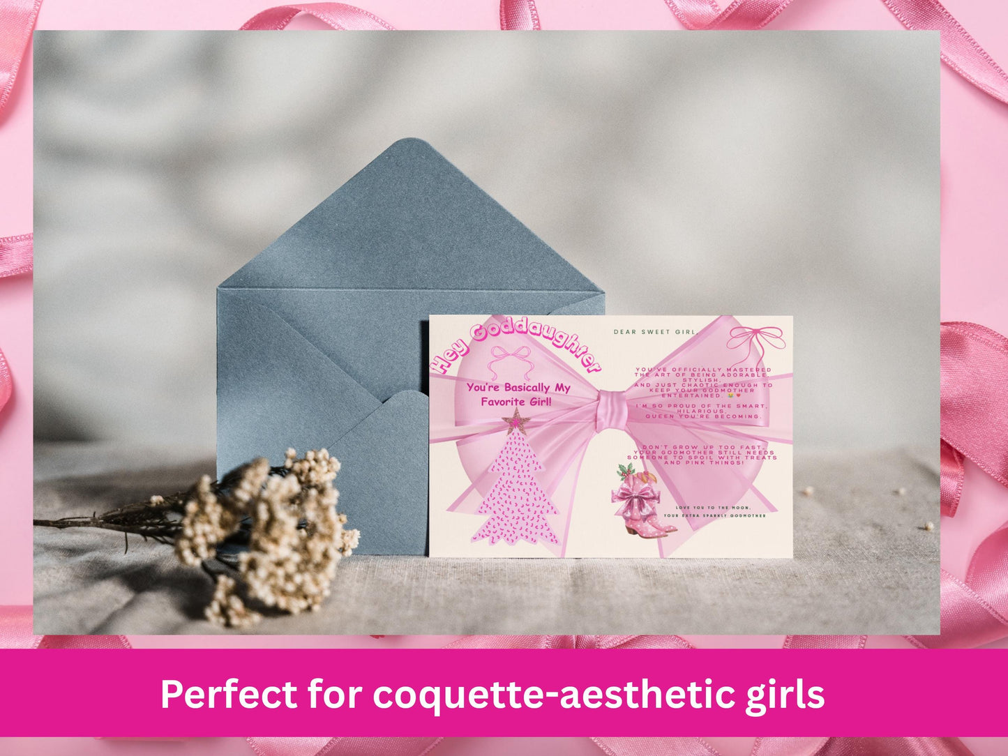 Pink Coquette Goddaughter Christmas Card, Western Boots Theme (PDF, PNG)