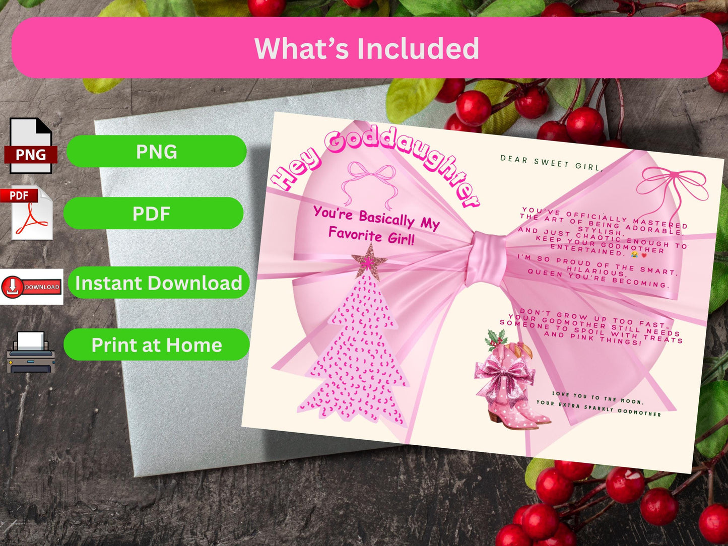 Pink Coquette Goddaughter Christmas Card, Western Boots Theme (PDF, PNG)