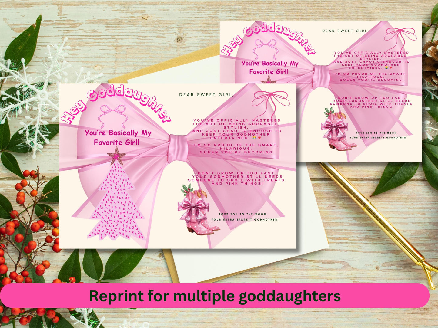 Pink Coquette Goddaughter Christmas Card, Western Boots Theme (PDF, PNG)