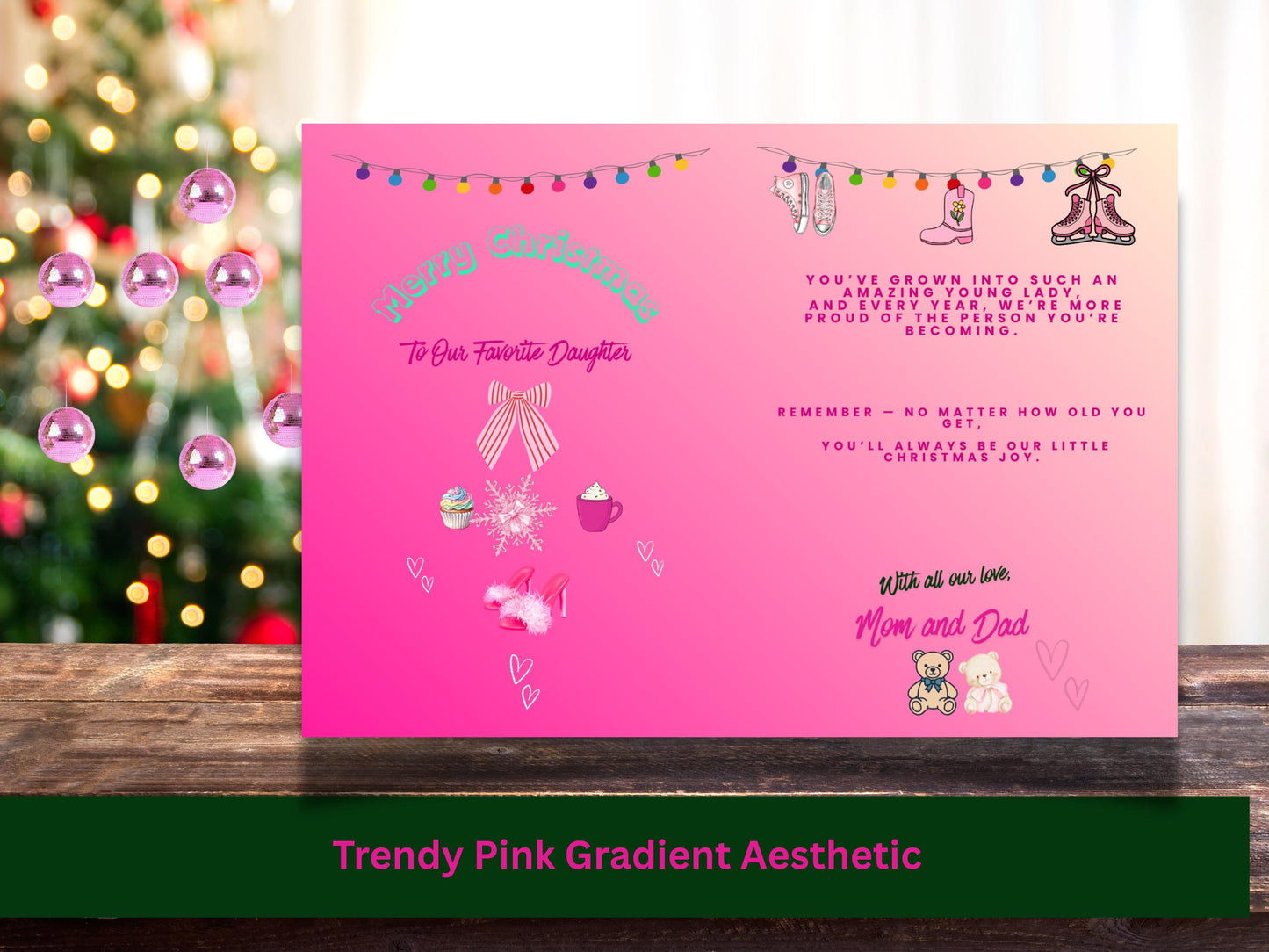 Pink Coquette Holiday Greeting for Daughter | Gift for Older Teens Printable | Digital PDF PNG