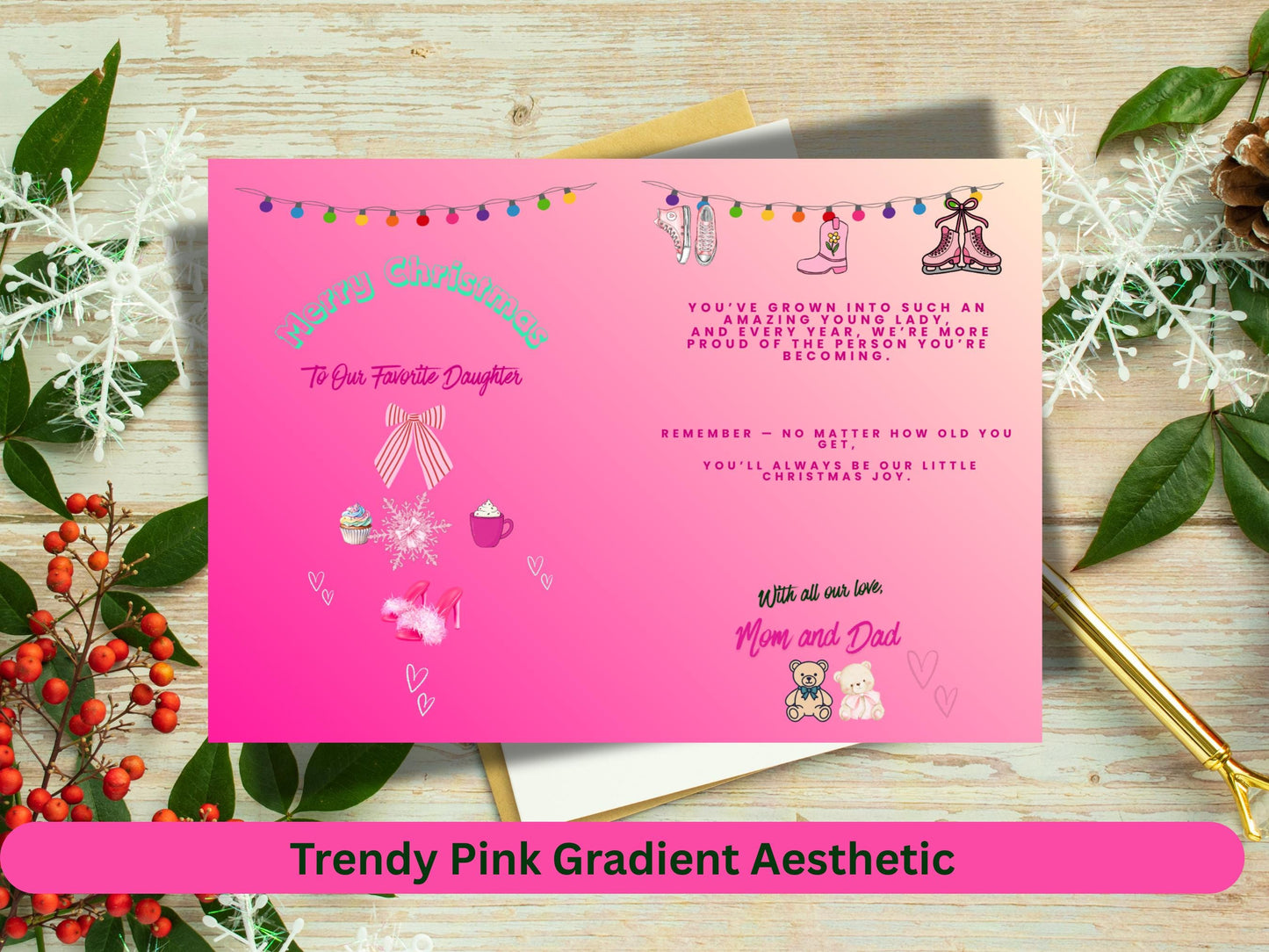 Pink Coquette Holiday Greeting for Daughter | Gift for Older Teens Printable | Digital PDF PNG