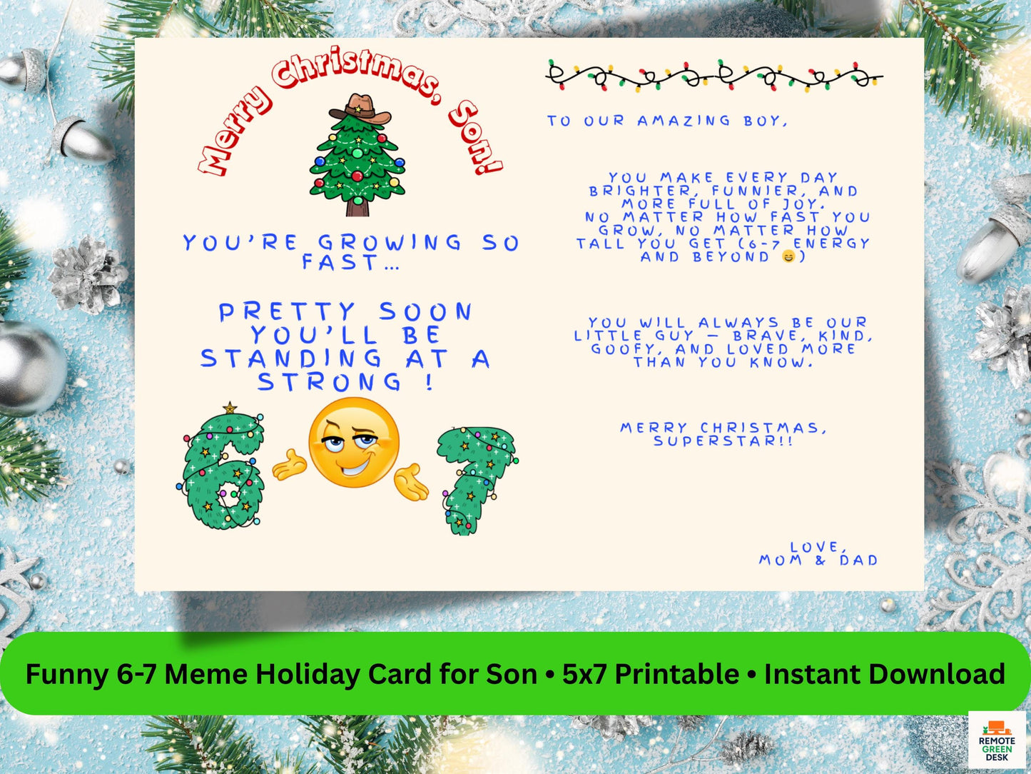 Funny 6-7 Meme Christmas Card for Son, Cowboy Tree (PDF, PNG)