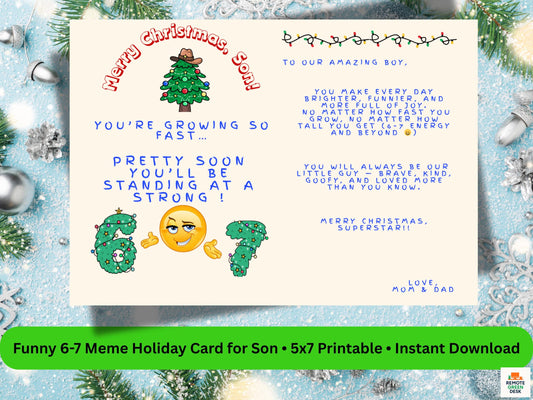 Funny 6-7 Meme Christmas Card for Son, Cowboy Tree (PDF, PNG)