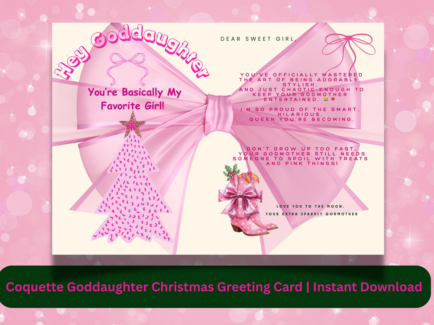 Pink Coquette Goddaughter Christmas Card, Western Boots Theme (PDF, PNG)