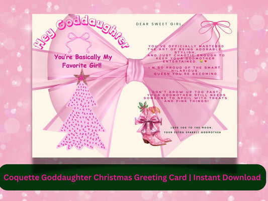 Pink Coquette Goddaughter Christmas Card, Western Boots Theme (PDF, PNG)